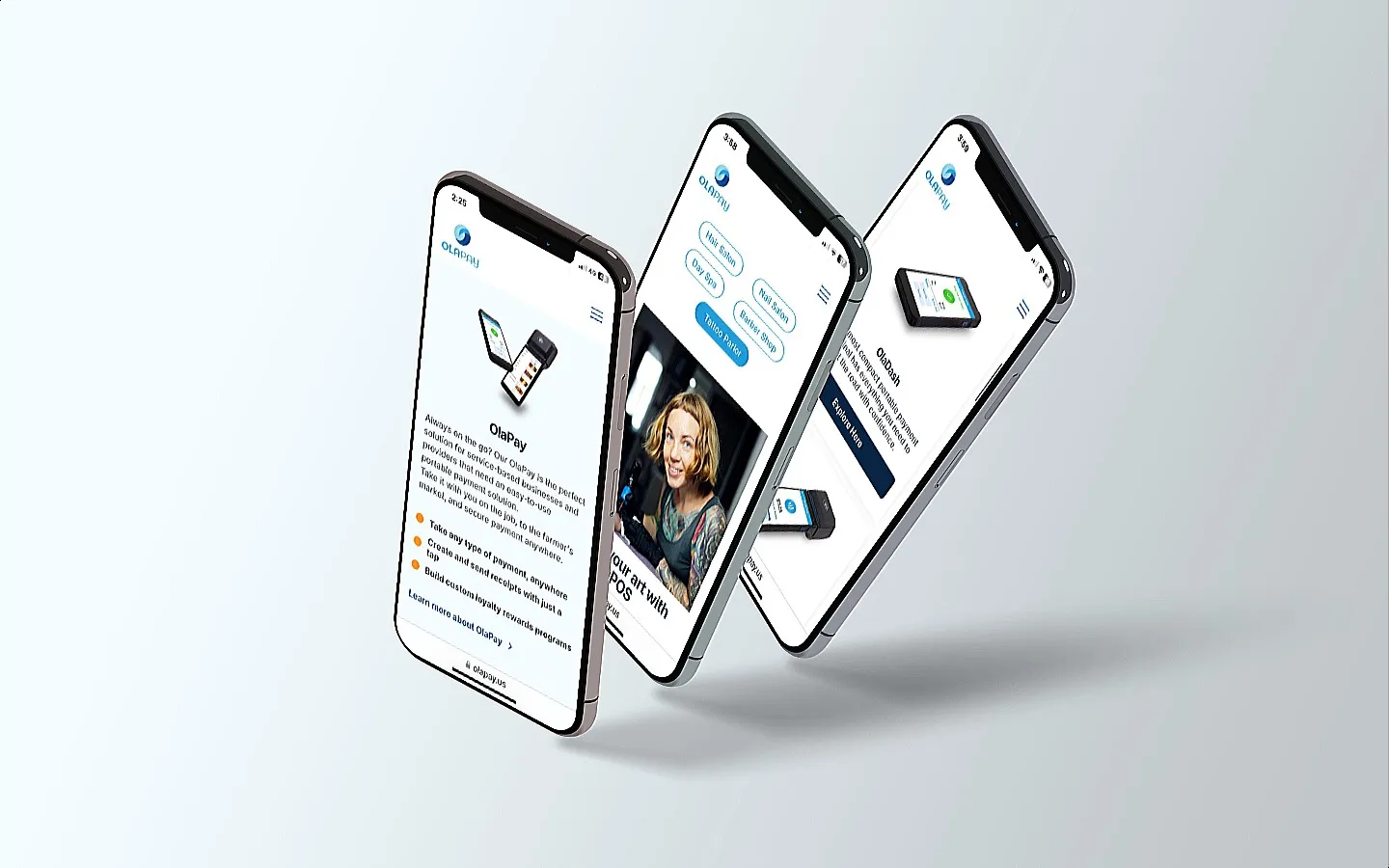 The phones at a jaunty angle showing three different pages of the OlaPay website. 