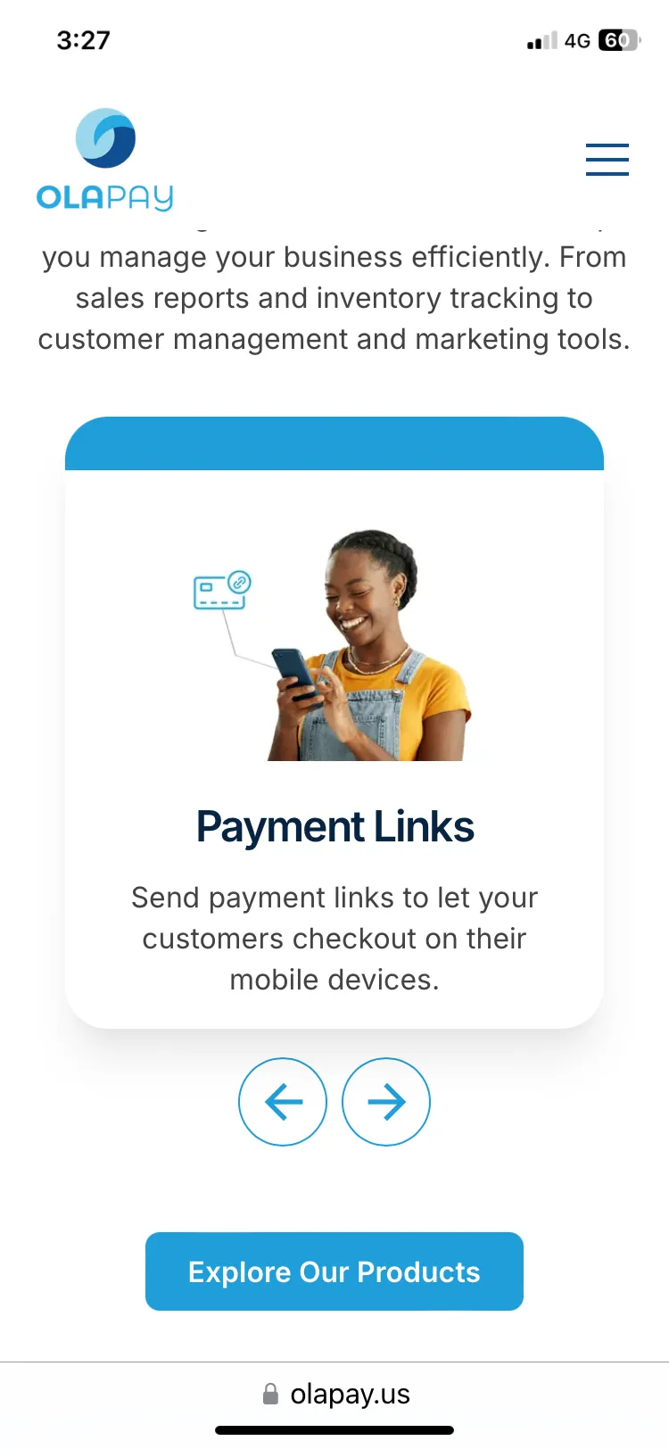 A page of the OlaPay website shown on the mobile phone, 