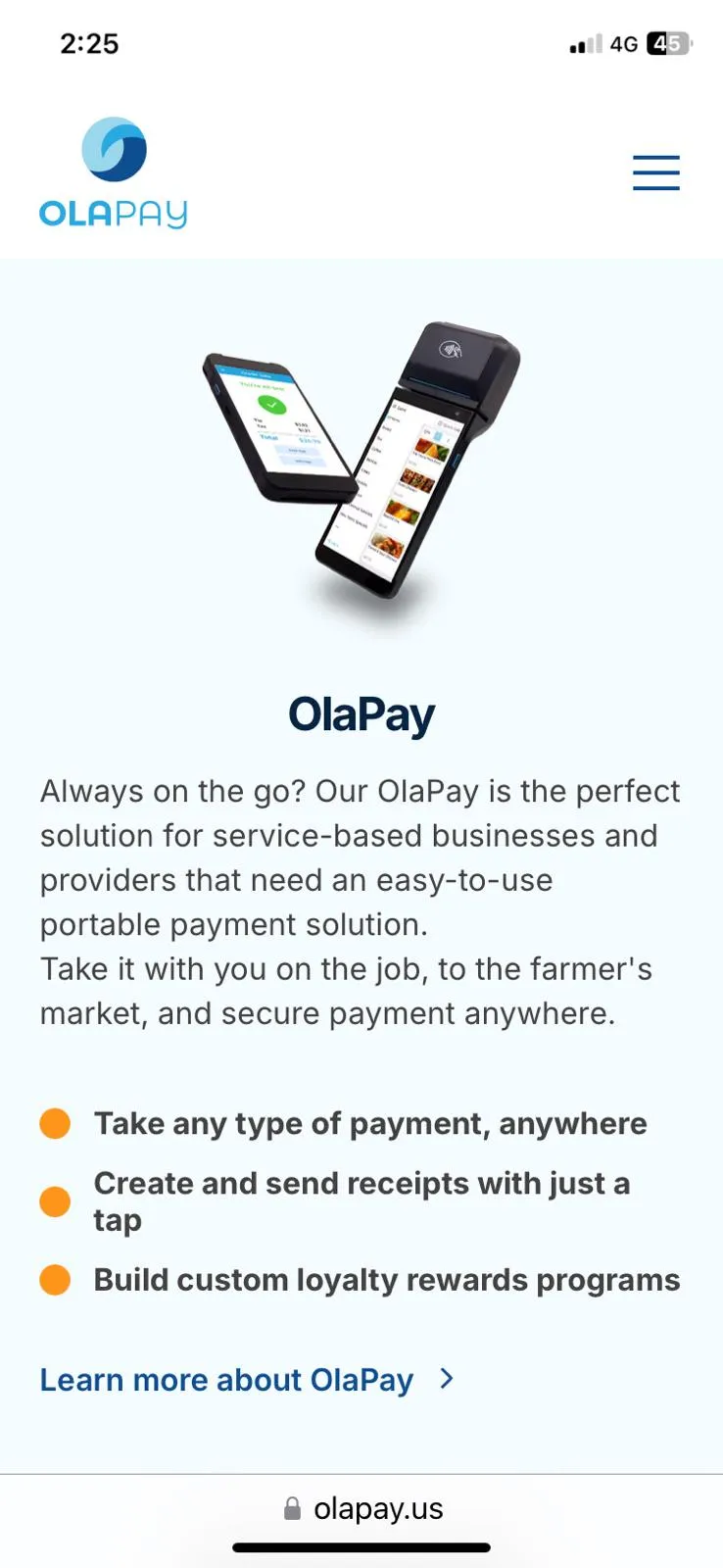 A page of the OlaPay website shown on the mobile phone, 