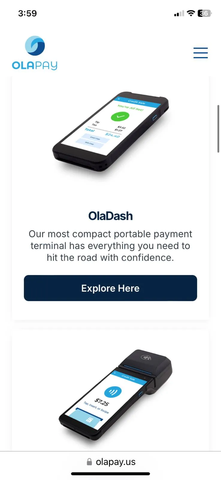 A page of the OlaPay website shown on the mobile phone, 