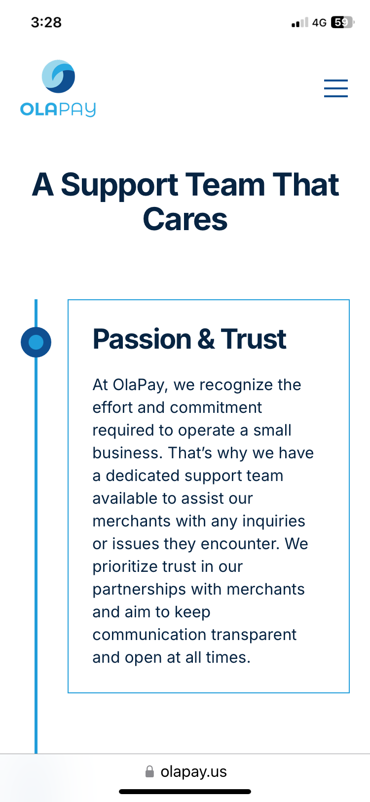 A page of the OlaPay website shown on the mobile phone, 