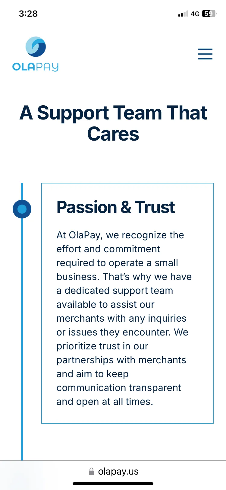 A page of the OlaPay website shown on the mobile phone, 