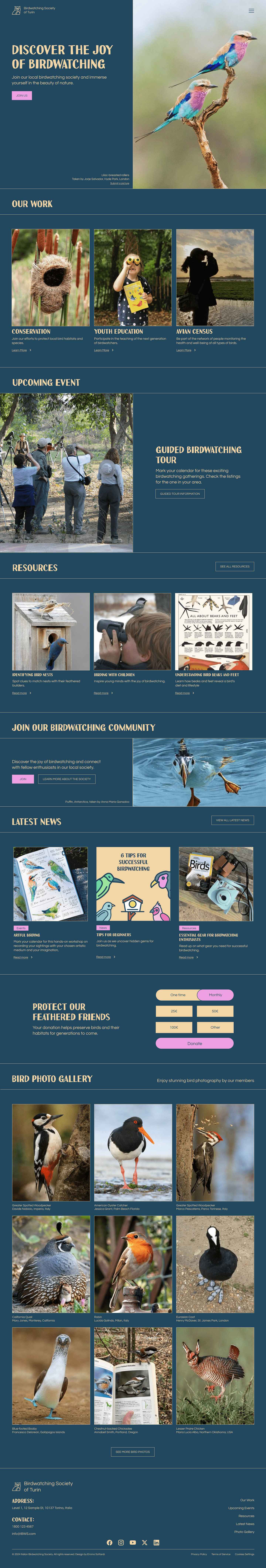 A full-page screenshot of the website design for fictional birdwatching society of Turin. 