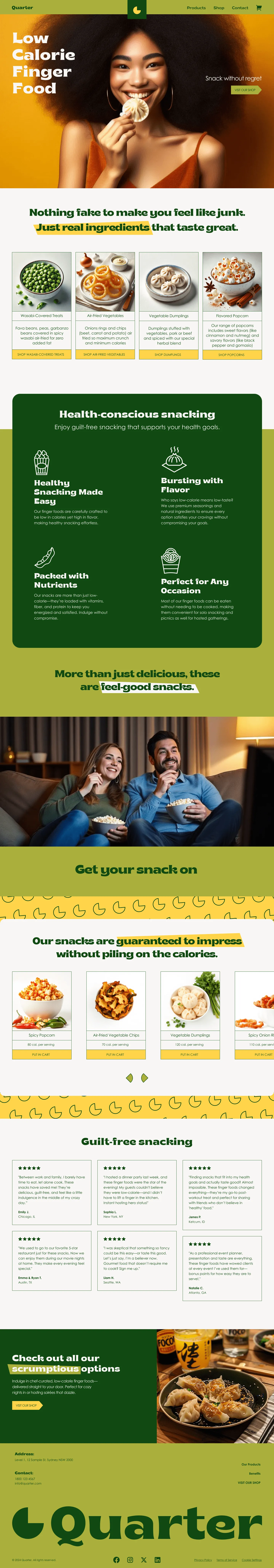 A full-page screenshot of the website design for fictional low-calorie finger food business, Quarter. 