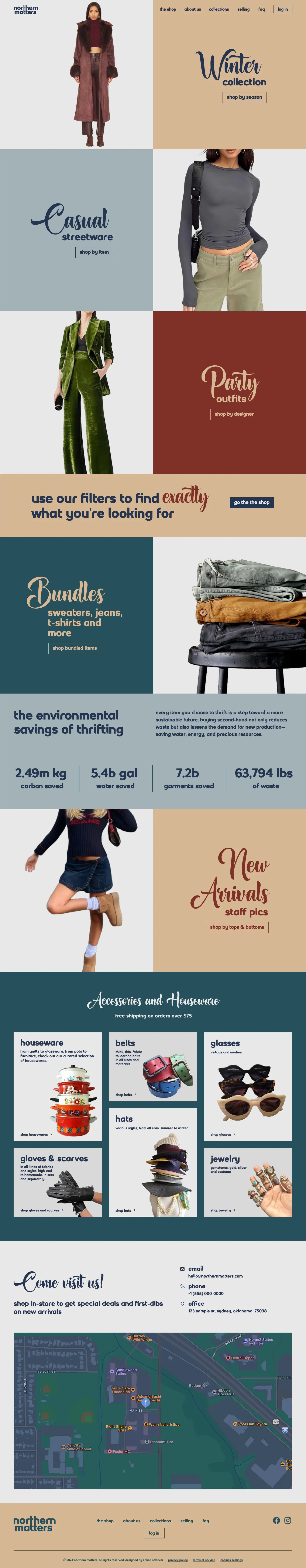 A full-page screenshot of the website design for fictional second-hand clothing store, Northern Matters. 