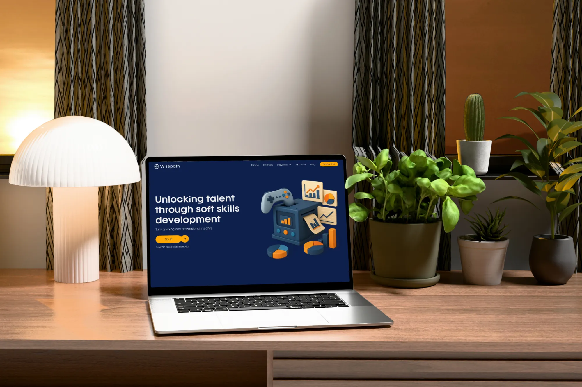 The hero section of the Wisepath website shown on a laptop surrounded by plants.