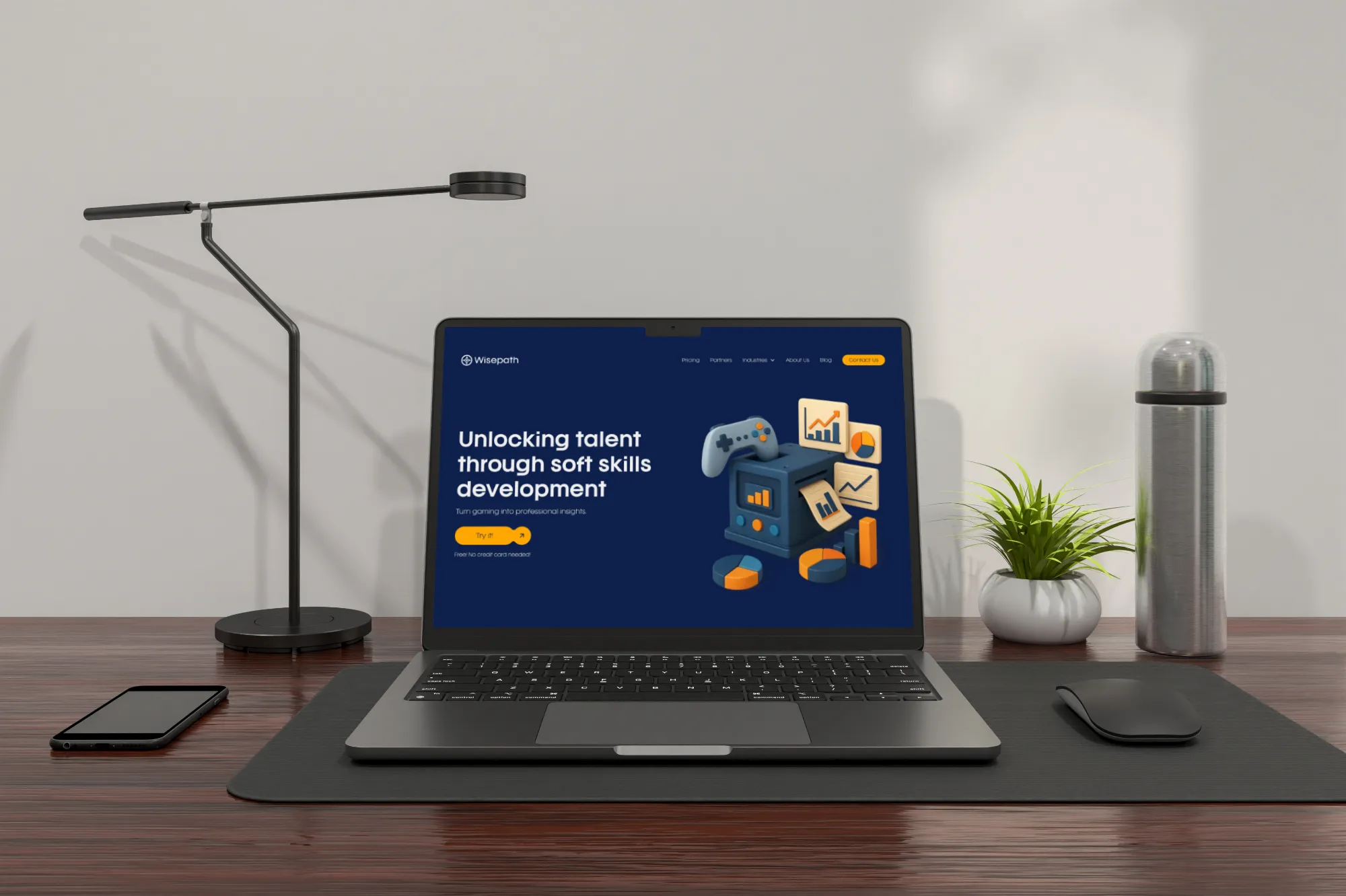 The hero section of the Wisepath website shown on a laptop surrounded by plants. 