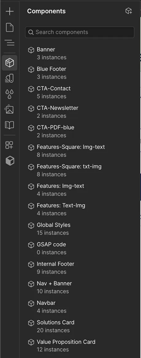 The Webflow navigator panel showing a long list of components.