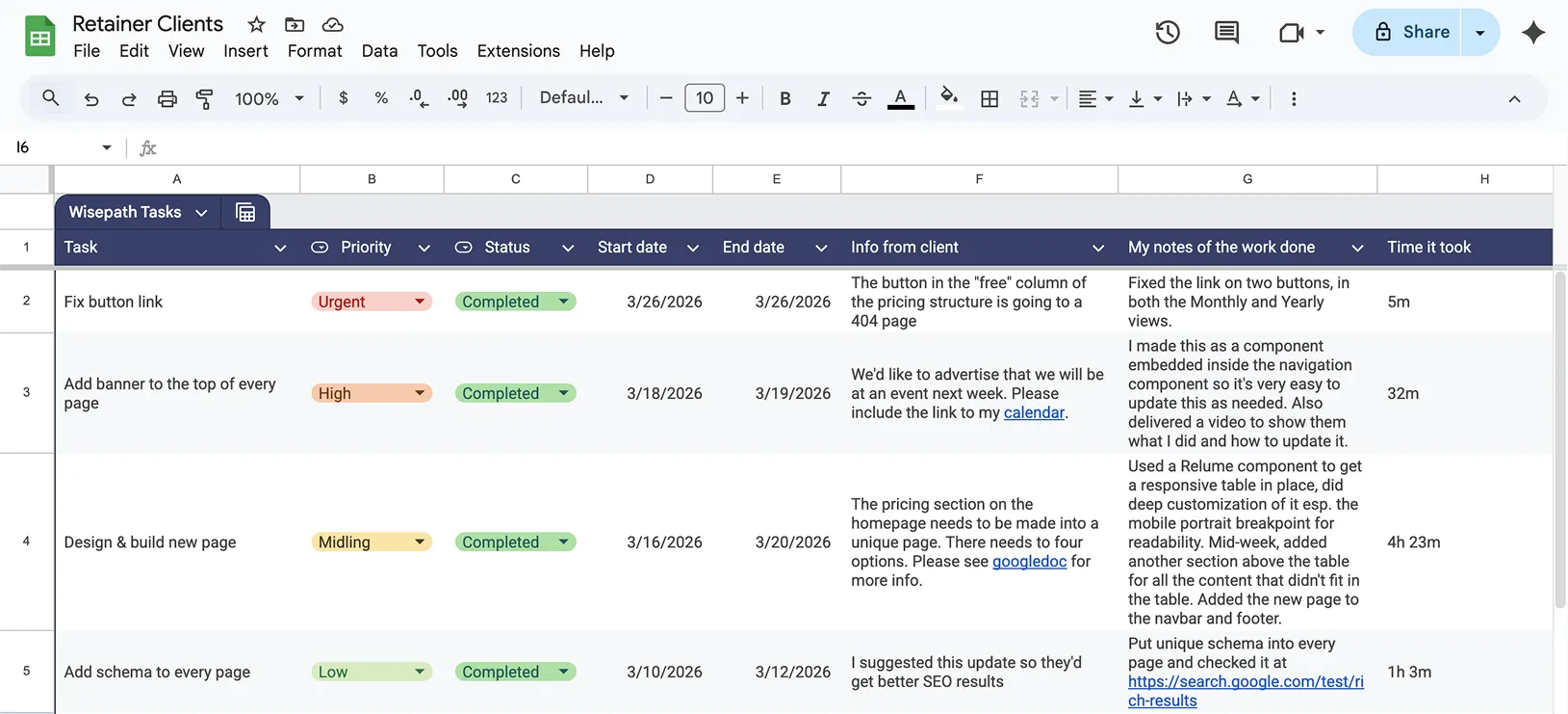 A spreadsheet showing how Emma organizes tasks and tracks time.