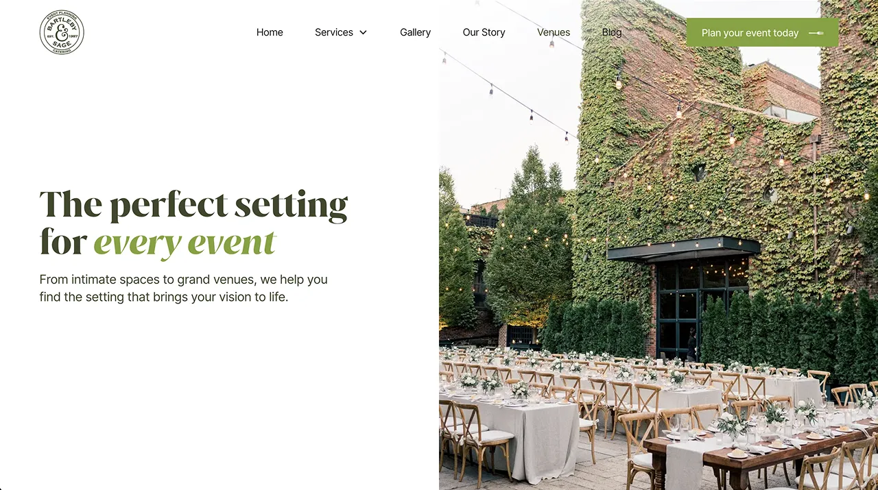 The Venues page of the Bartleby & Sage website with set tables at an outdoor wedding.