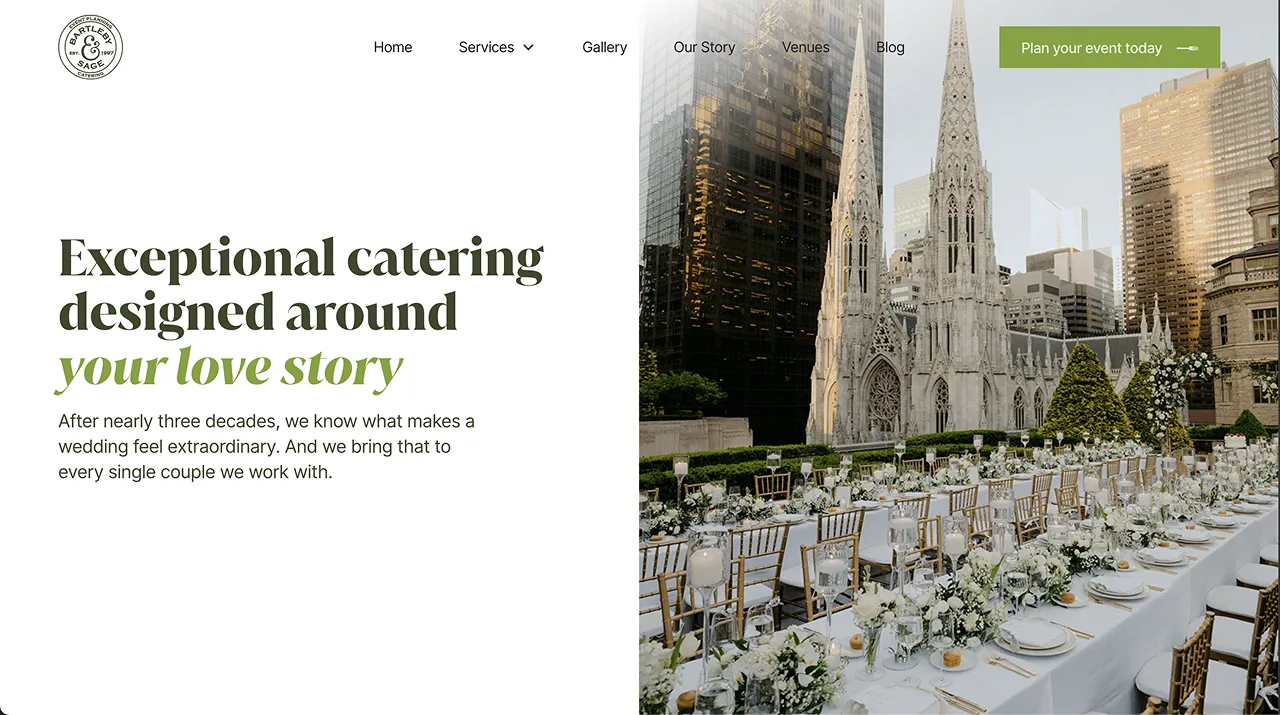 The Weddings page of the Bartleby & Sage website showing set tables on a rooftop. 