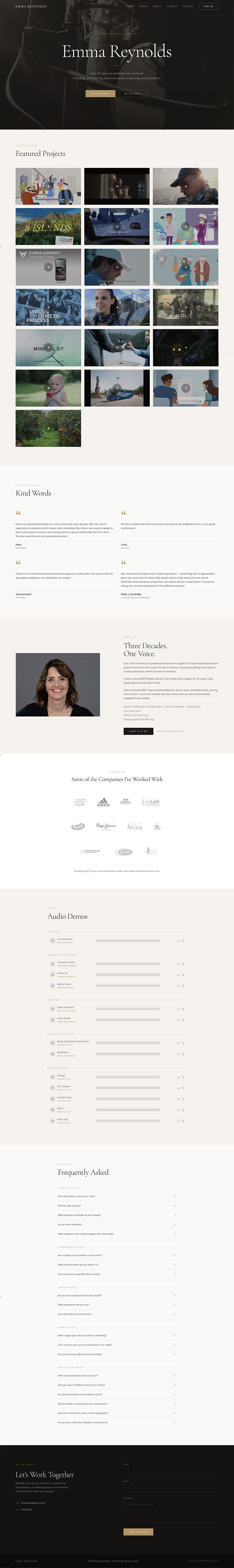 A full-length screenshot of the website of UK voice artist, Emma Reynolds