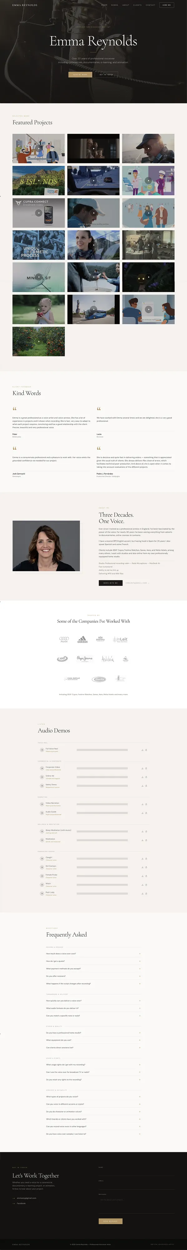 A full-length screenshot of the website of UK voice artist, Emma Reynolds