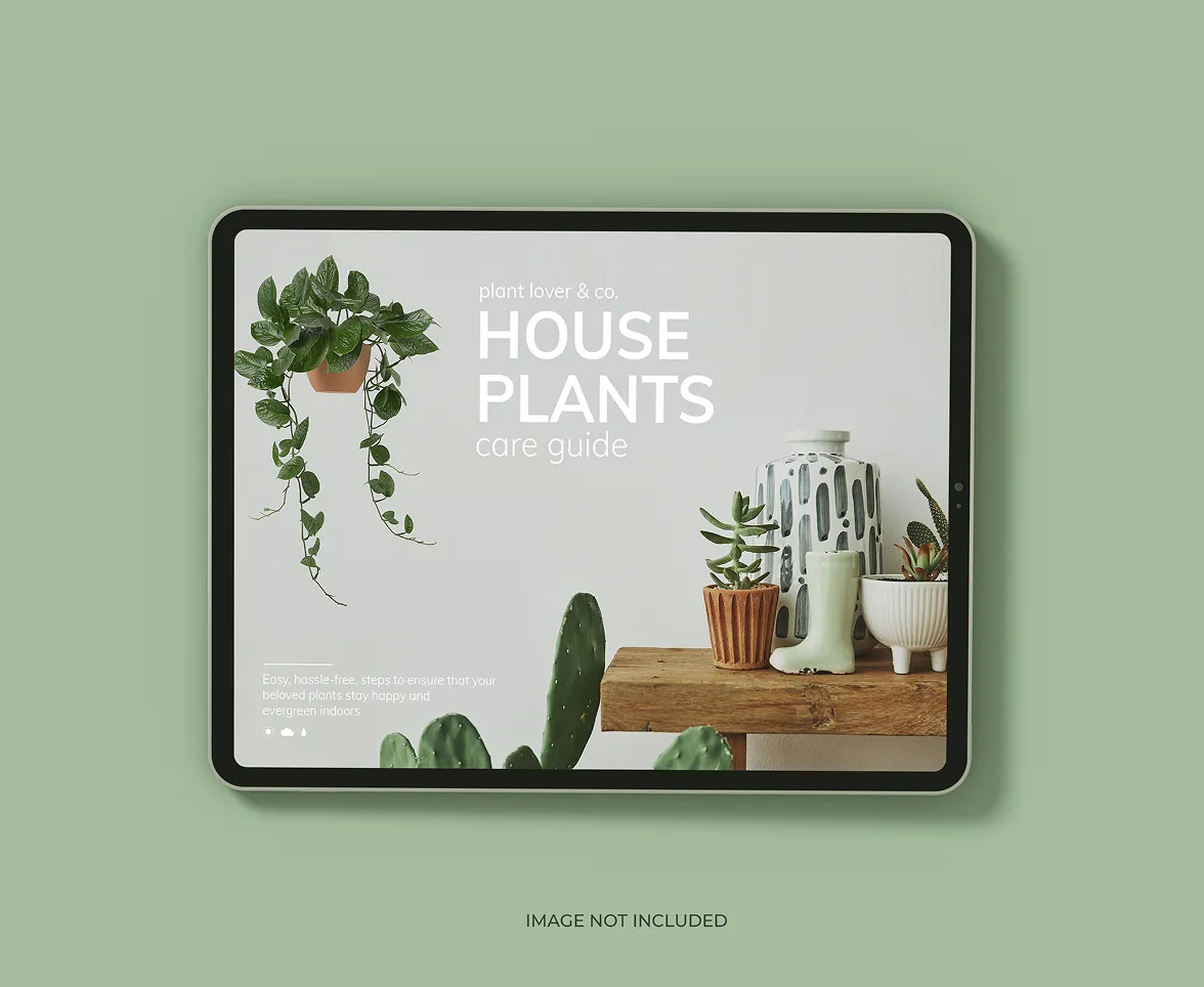 Horizontal tablet mockup featuring a house plant care guide on a pastel green background.