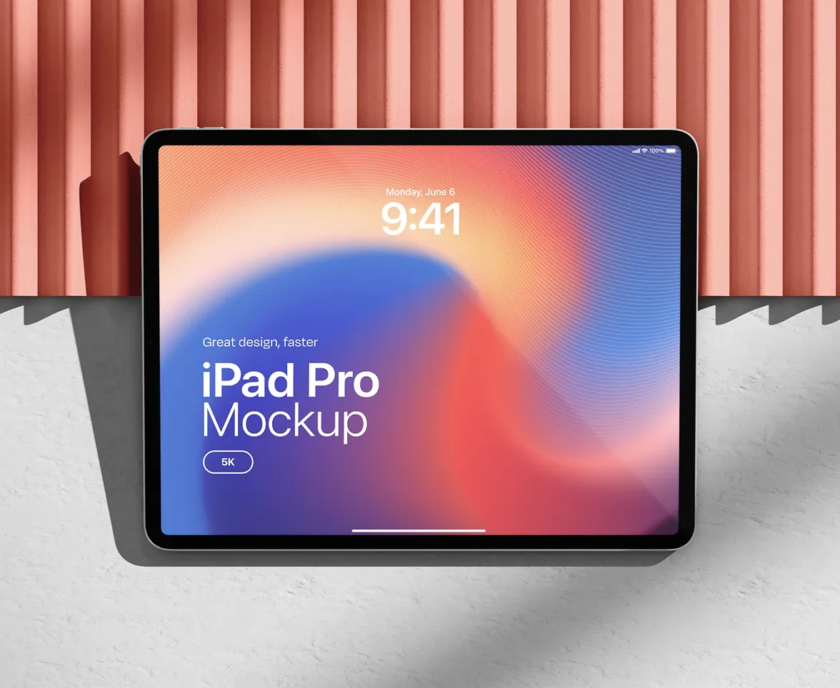 iPad Pro mockup with a colorful wallpaper and vertical red panel background.
