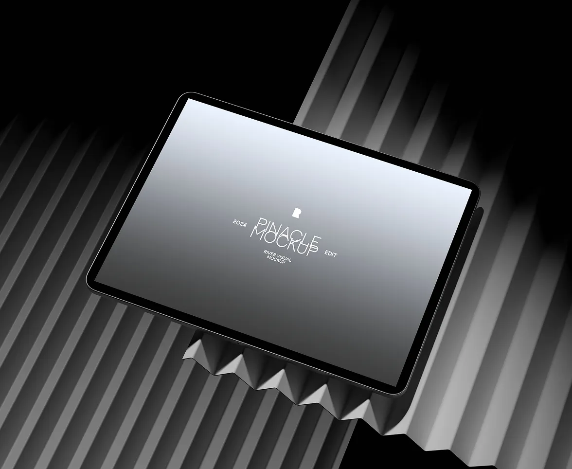 Black and white angled tablet mockup placed on 3D geometric stairs.