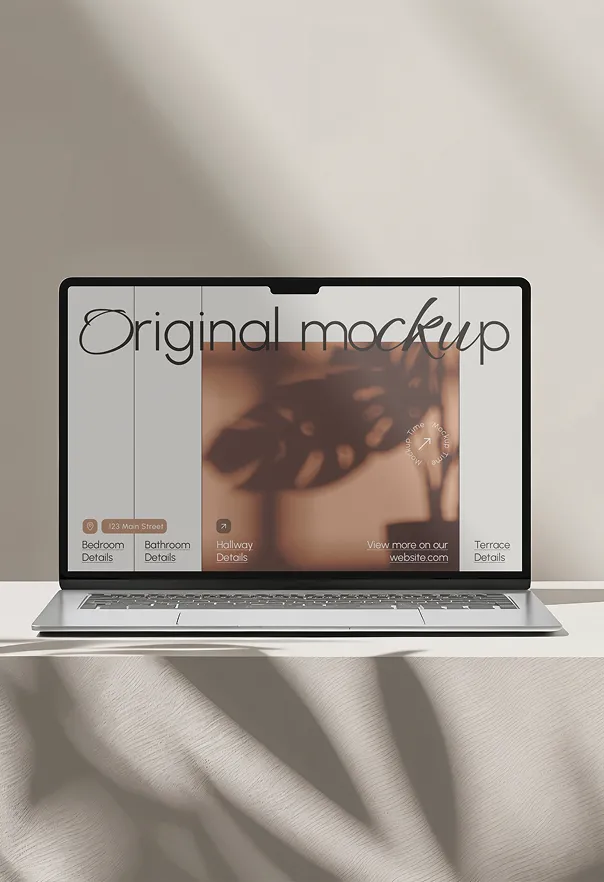 Laptop mockup on soft fabric with a reflective screen and artistic shadow overlay.