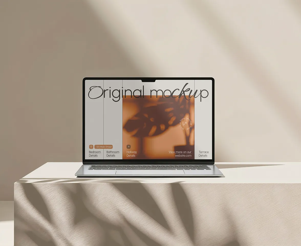 Laptop mockup with a soft fabric background and a reflection on the screen.