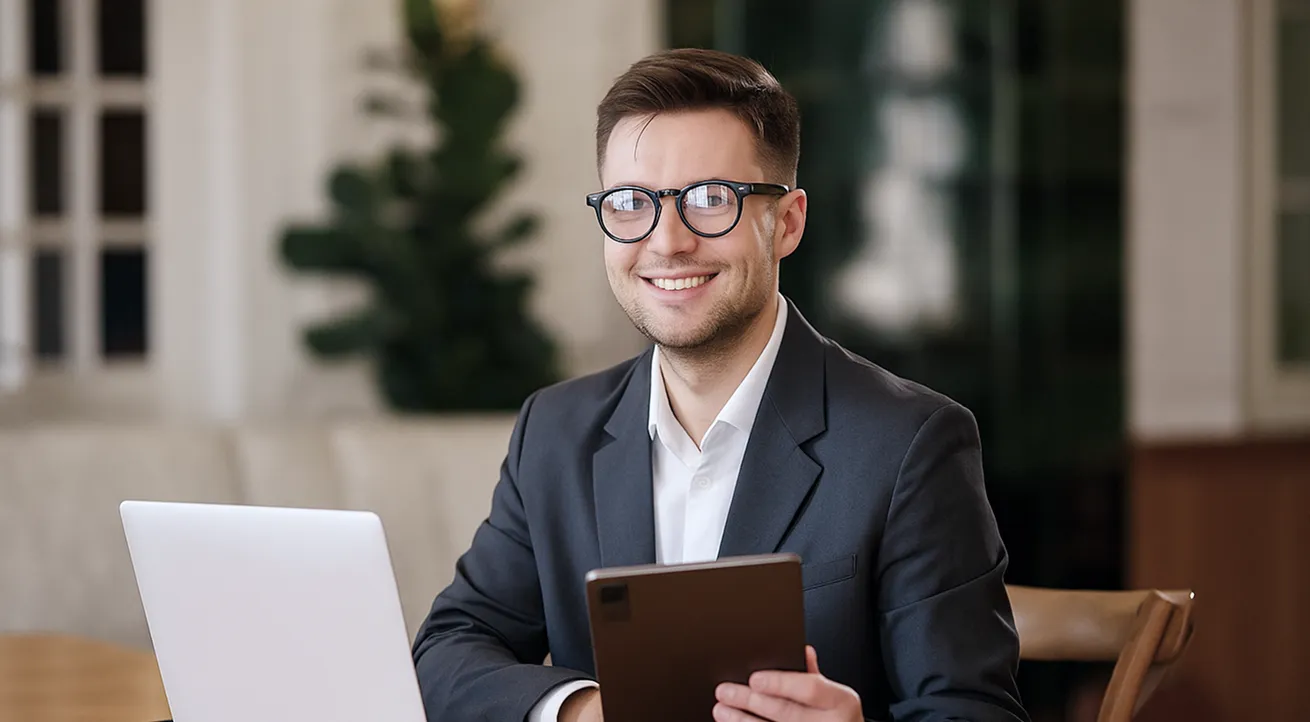 Smiling man in a suit sitting at a desk with a laptop and tablet in a modern office setting