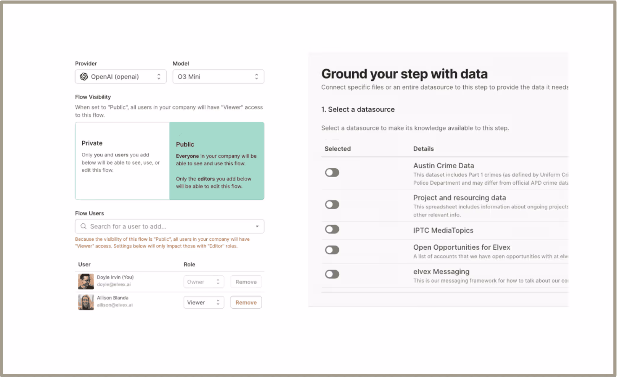 An image of our advanced permissioning features for our AI workflow capabilities.