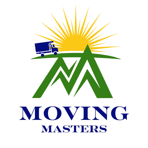 Logo with a stylized green letter M resembling mountains, a yellow sun rising behind it, and a blue moving truck on the left side, with the text 'MOVING MASTERS' below in bold blue font.