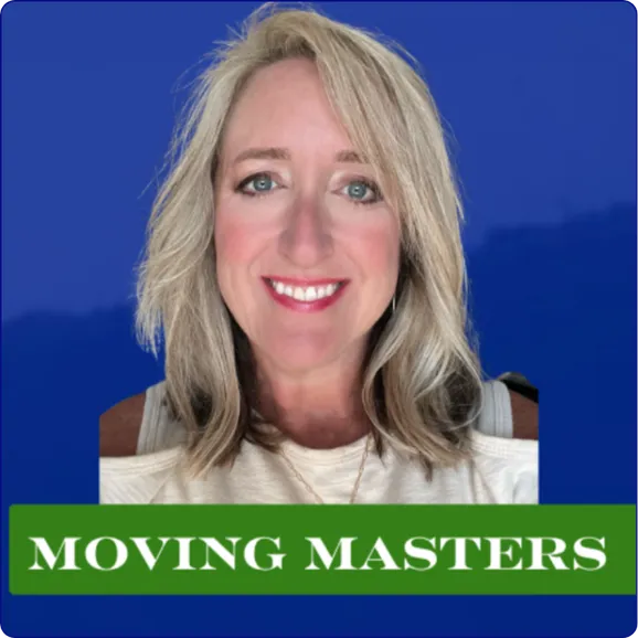 Portrait of a smiling woman with light blonde hair and blue eyes against a solid blue background, with a green banner at the bottom that reads 'MOVING MASTERS' in white capital letters.