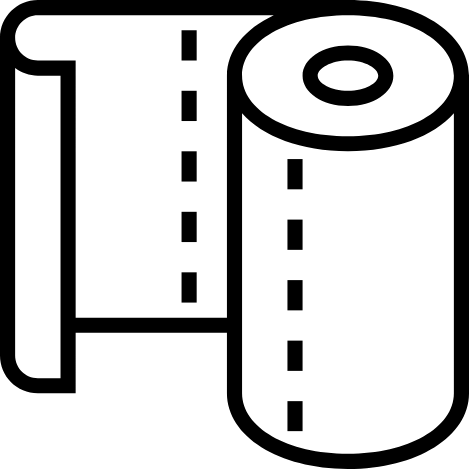 Stylized black and white icon of a camper trailer with a door, window, and wheel visible.