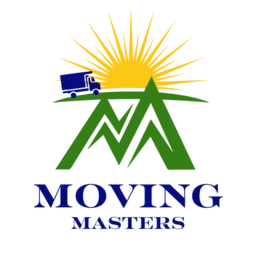 Logo showing a stylized sun rising behind green mountains with a blue moving truck on the left, and the text 'MOVING MASTERS' below in capital letters.