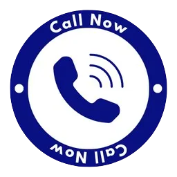 Blue circular button with a white center featuring a dark blue telephone handset icon and sound waves, surrounded by the text 'Call Now' at the top and bottom.