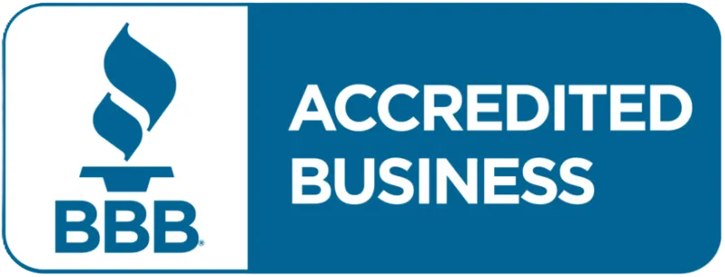 BBB Accredited Business logo with stylized torch symbol on the left and the text 'BBB ACCREDITED BUSINESS' on a blue background.