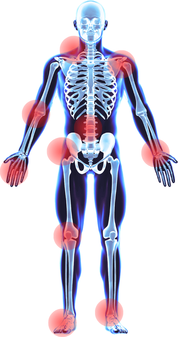 Joint pain points treated include knee pain, lower back pain, shoulder pain, wrist pain, hip pain, and ankle pain.