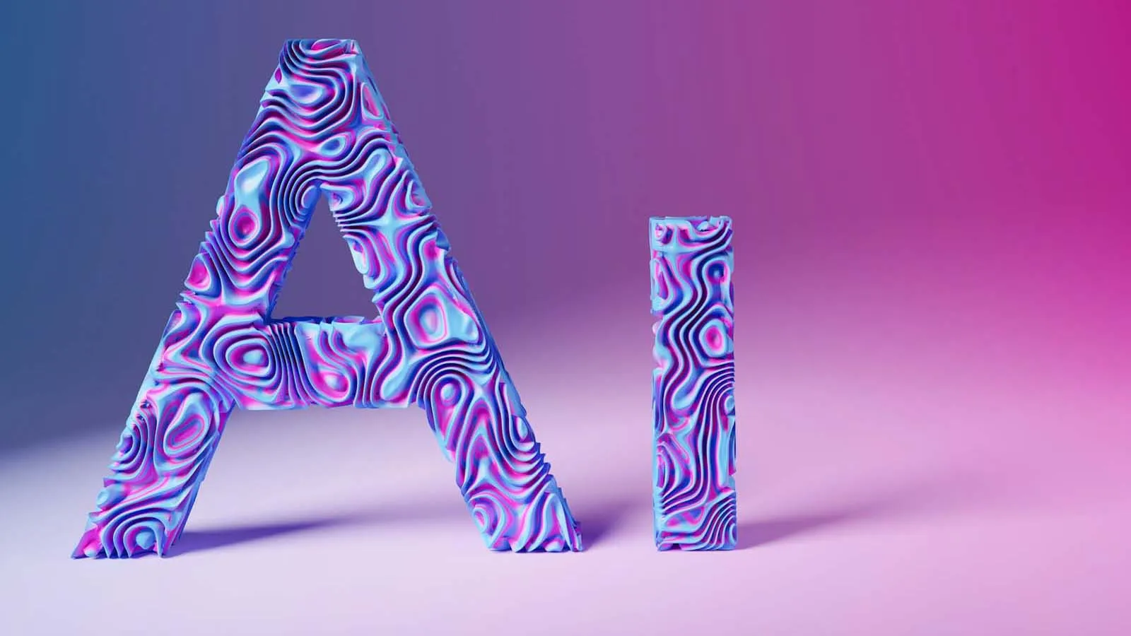 3D letters “AI” covered in vibrant pink-blue abstract patterns on a soft gradient background.