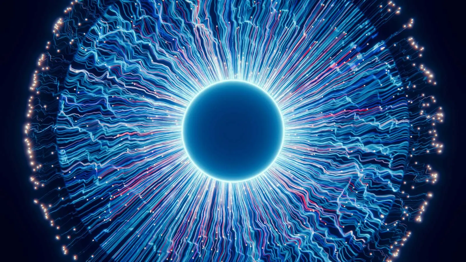 Bright blue circular energy orb with radiating electric lines and glowing particle effects.