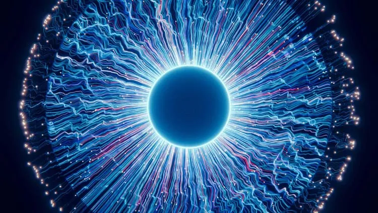 Bright blue circular energy orb with radiating electric lines and glowing particle effects.