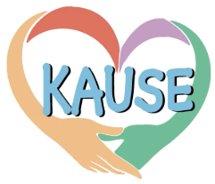 KAUSE logo with hands in the shape of a heart embracing each other.