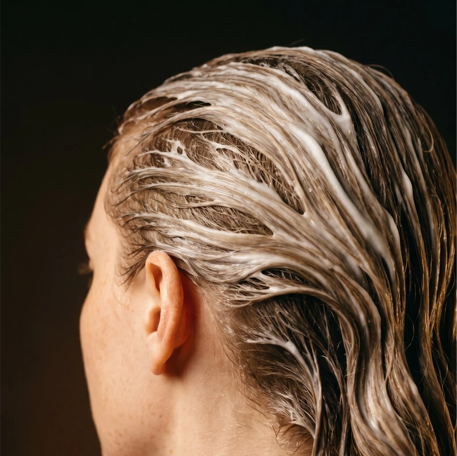 Mulher de costas com cabelo loiro molhado
