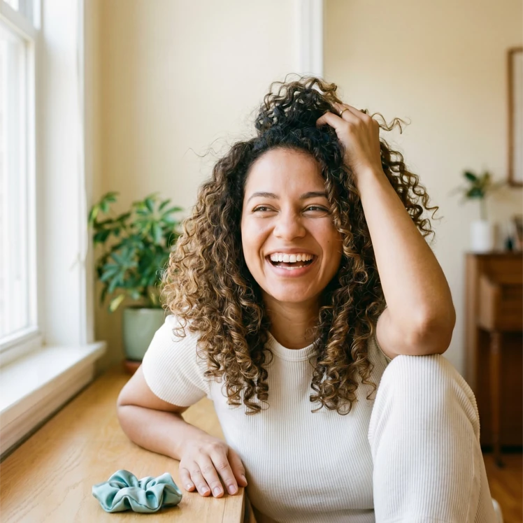 Mulher sorrindo com as mãos no cabelo cacheado