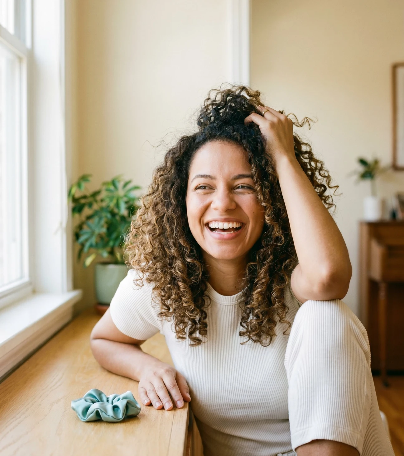 Mulher sorrindo com as mãos no cabelo cacheado