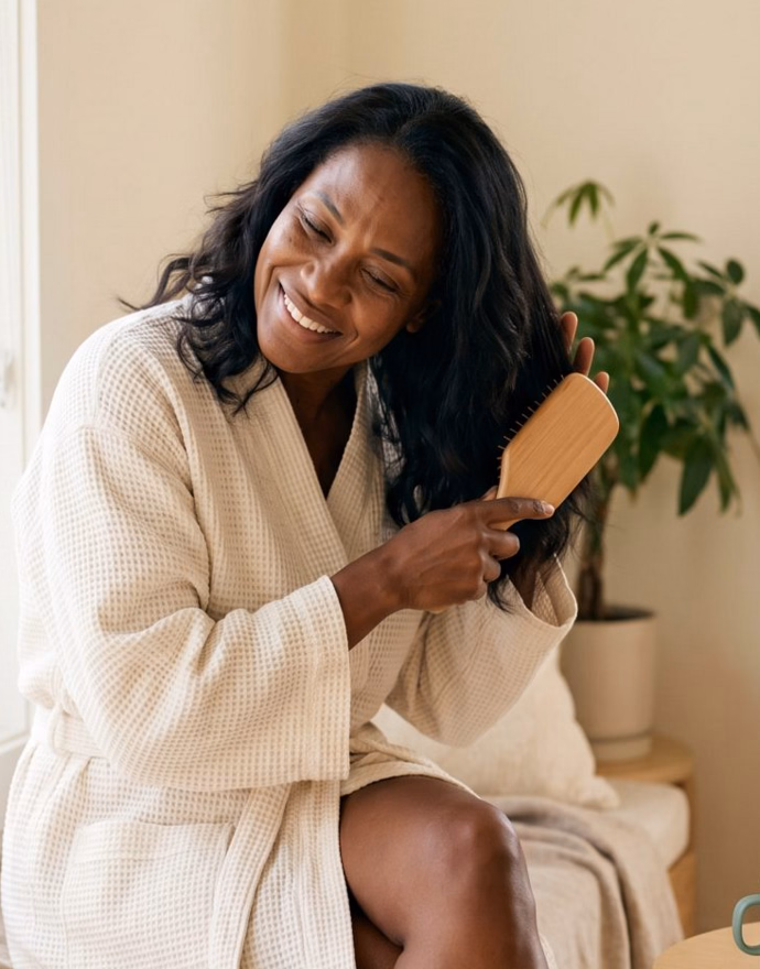 Mulher sorrindo enquanto escova o cabelo
