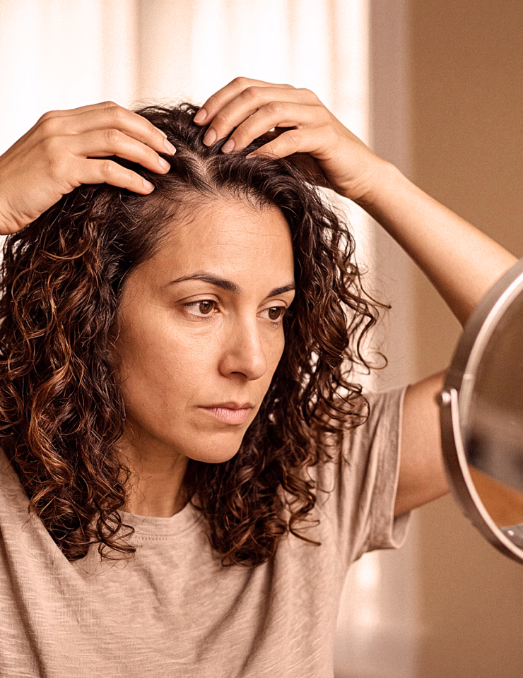 Mulher de cabelo cacheado examinando a raiz dos fios em frente ao espelho