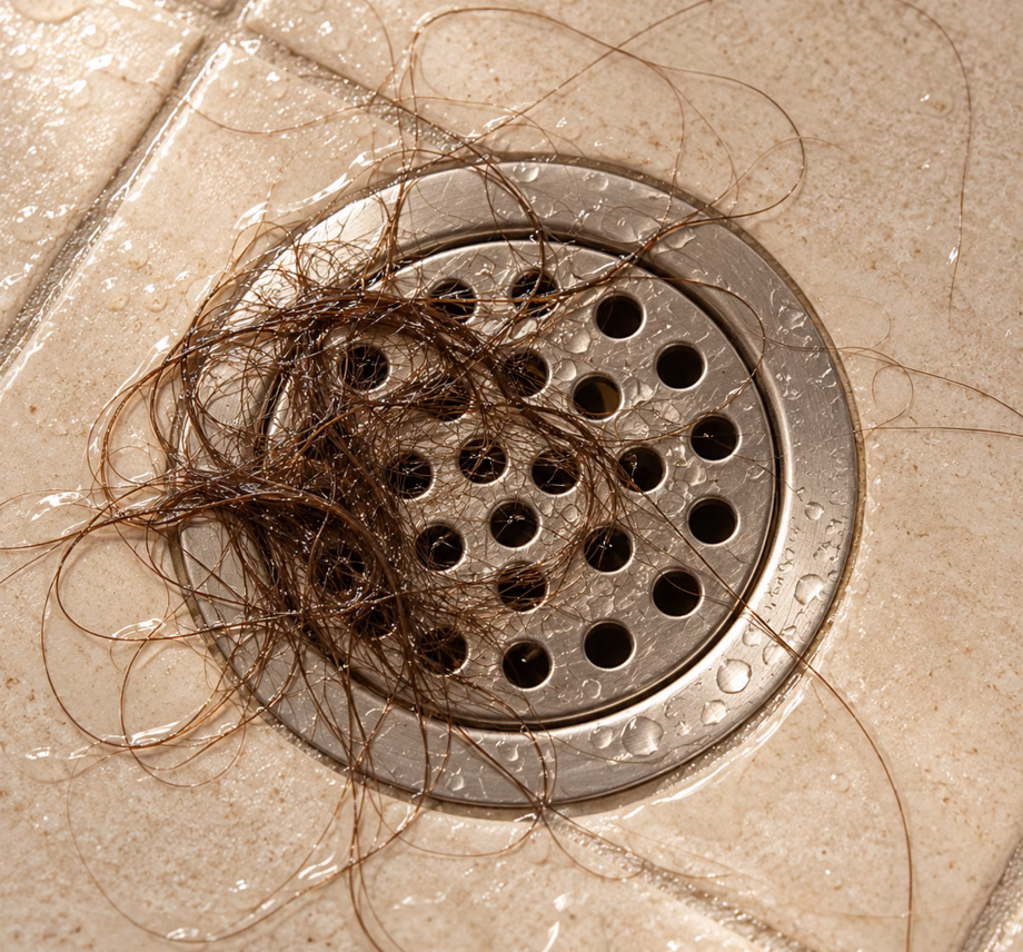 Fios de cabelo acumulados no ralo do chuveiro
