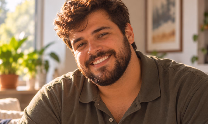Homem sorrindo em casa