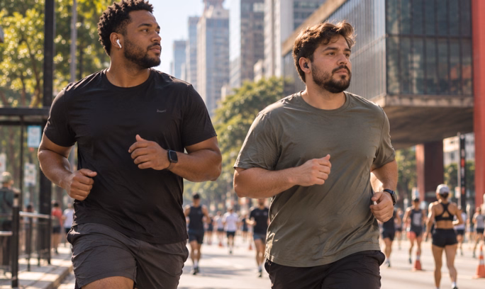Dois homens correndo na rua
