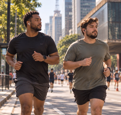 Dois homens correndo na rua