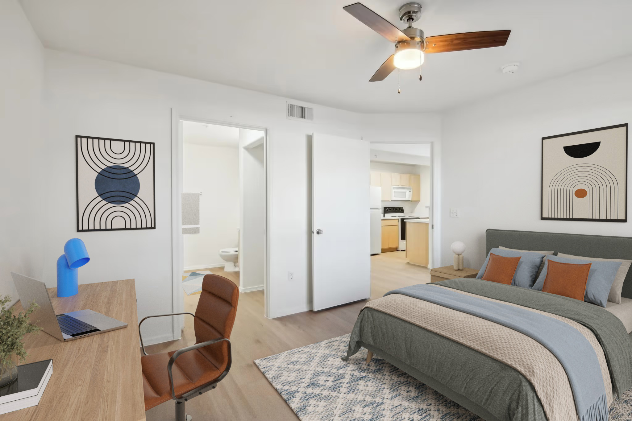 bedroom with bed and desk with chair