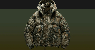 TechTalks Episode 02, Vizcom: a camouflage-print hooded puffer jacket on a dark green background.