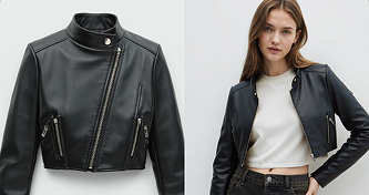 TechTalks Episode 04, Fermat: a black leather cropped biker jacket shown flat and worn by a model over a white top.