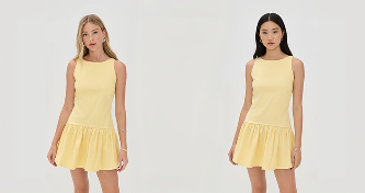 TechTalks Episode 06, Savanah: two models wearing the same pale yellow sleeveless drop-waist mini dress.