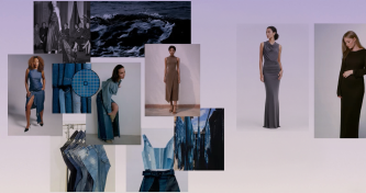 TechTalks Episode 07, Make the Dot: a collage of blue-toned fashion images with denim garments and models in long dresses.