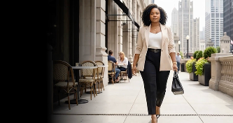 TechTalks Episode 08, Fierce: a woman in a cream blazer and black trousers walking along a city sidewalk past cafe tables.